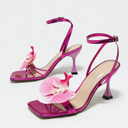 Flowers Square Toe Open Toe High Heel Brand Design Narrow Band Party Thin High Sandals Summer Stripper Shoes