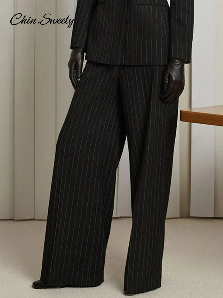 Striped Pant 2 Piece Set Double-breasted Full Sleeve Blazer Wide Leg Zipper Long Trousers Female Lady Commute Outfits
