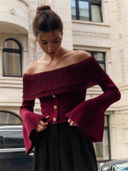 Knit Backless Sweater Pullover Female Patchwork Ribbed Off-shoulder Slim Y2k Autumn Top ’s Knitwear Pullover