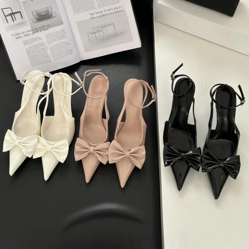 Bowknot Pointed Toe Ankle Strap High Heeled Shoes Brand Designer Thin High Heel Backless Sandals Sweet Pumps