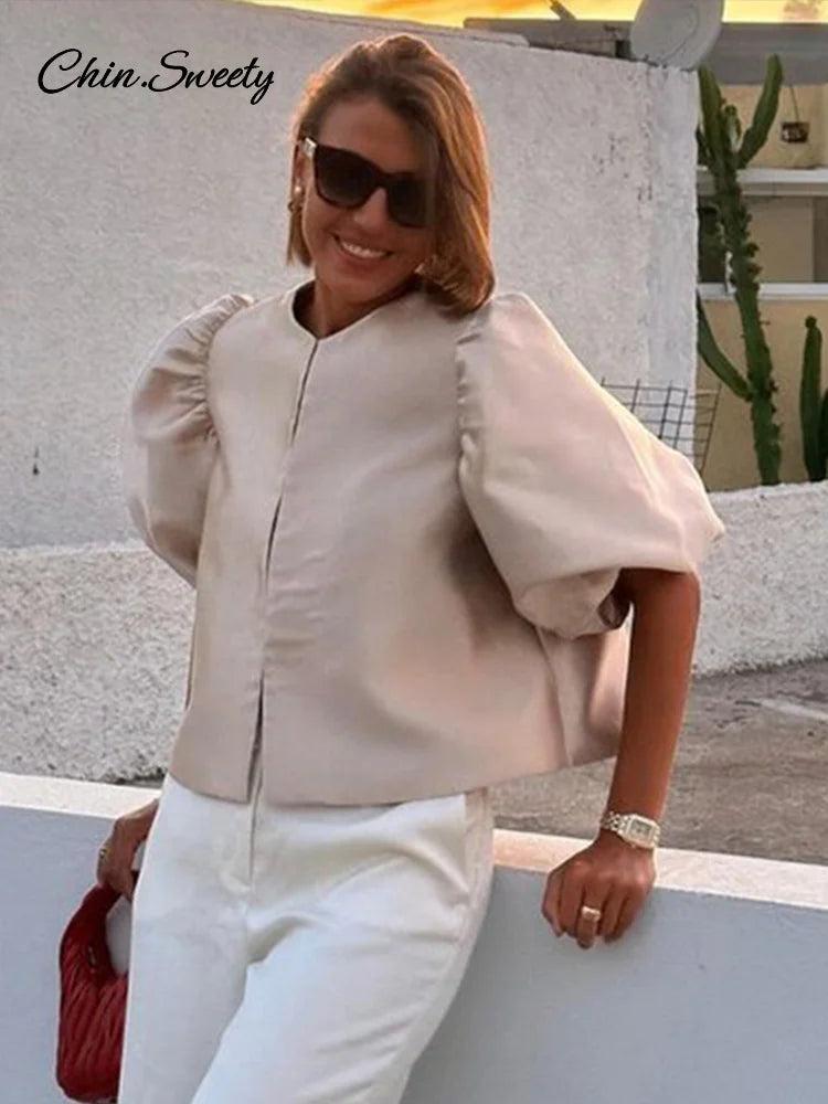 Satin Puff Short Sleeve Top Loose Buckle O-neck Shirts Female Spring Summer Office Lady Outwear