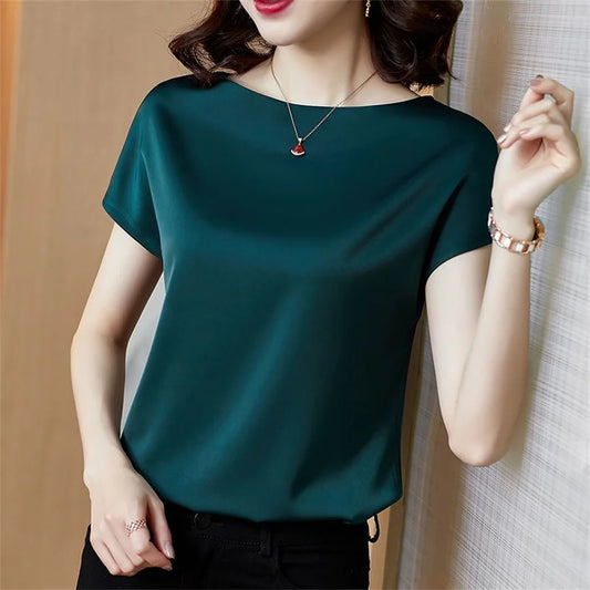 Office Lady Tops Summer Short Sleeve O-neck Blouses Satin Blouse Shirts Simple Loose Shirt Blusas Df4904