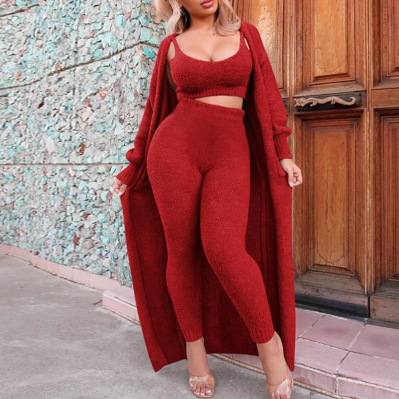 Autumn and Winter Color Suspenders Long Coat Trousers Plush Suit Threepiece Set Vestidos