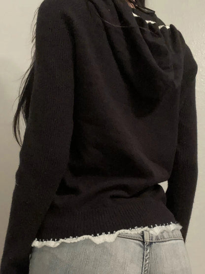 Black Lace Trim Knitted Sweater Cardigan Autumn Winter New Coat Sweet Basic All-match