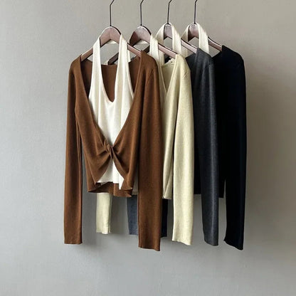 Korean Patchwork Halter Longsleeved Sweater Autumn New Fake Twopiece Knitted Tops