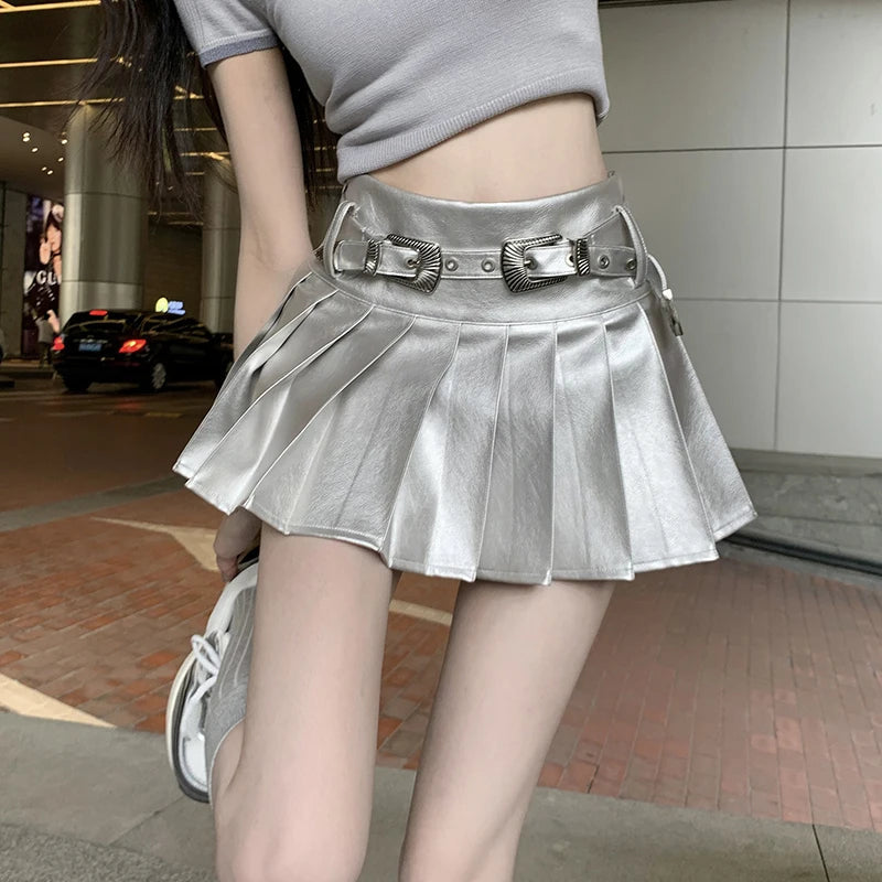 Summer Silver Pleated Skirt Y2k Short Leather Skirt Harajuku Korean Kawaii Aline Mini Skirts