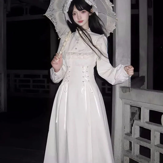 Japanese Style Kawaii Lace-up Midi Dresses Princess Party Dress Long Sleeve O-neck High Waist Y2k Gothic Vestidos Mujer