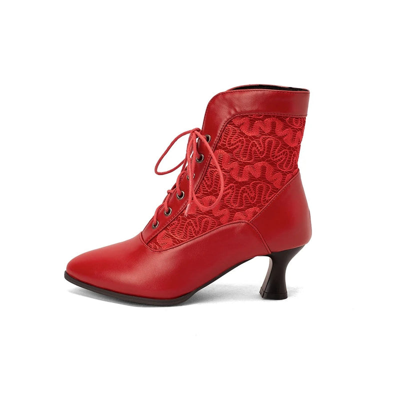 White Red Victorian Pointed Toe Ankle Boots Pu Leather Embroidered Laces Punk Crosstied Kitten High Heel Shoes