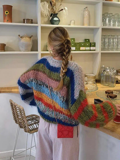 Knitted Colorful Stripes Sweater O Neck Puff Long Sleeves Short Pullover Autumn Lady High Street Jumper