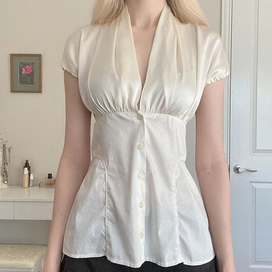 French Retro Satin Aline Shirt Slimming Short Sleeve Vneck Blouses Office Top Allmatch