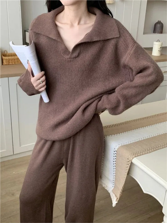 Autumn Winter ’s Knitted 2-piece Set Lapel Pullover Sweater Long Pants Korean Female Clothing Knitwear New