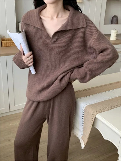 Autumn Winter ’s Knitted 2-piece Set Lapel Pullover Sweater Long Pants Korean Female Clothing Knitwear New
