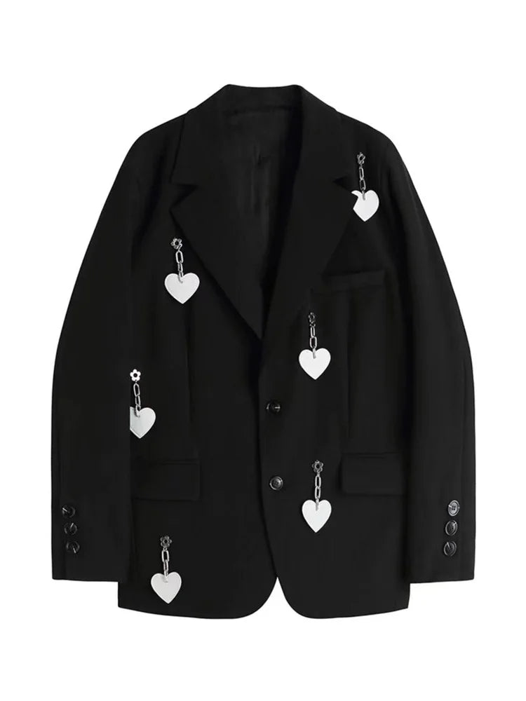 Blazer Jacket Loose Pockets Female Heart Chain Loose Long Sleeve Work Suit Coat Office Lady Blazers