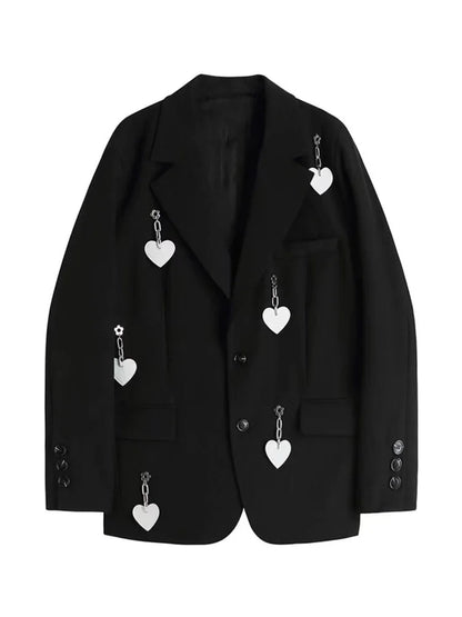 Blazer Jacket Loose Pockets Female Heart Chain Loose Long Sleeve Work Suit Coat Office Lady Blazers