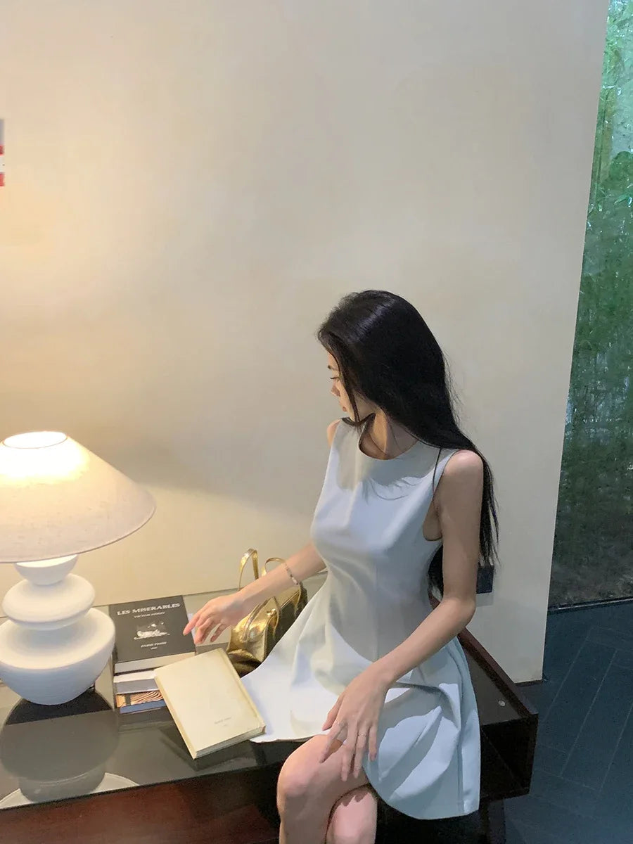 Line Mini Dresses Sleeveless Spring Summer Sweet Simple Vestidos Mujer Korean Fashions Retro Dress