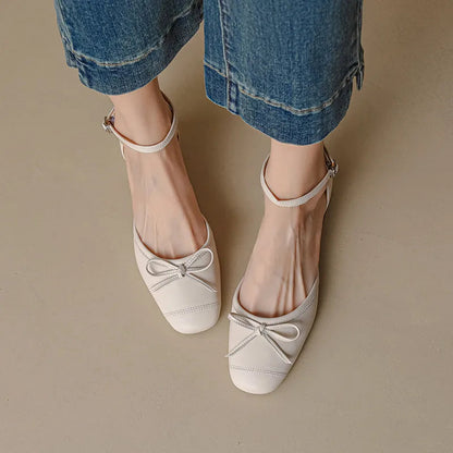 Pumps Spring Summer Sweet Retro Butterfly Knot Genuine Leather Thick Heels Ankle Strap Shoes Woman Party Wedding