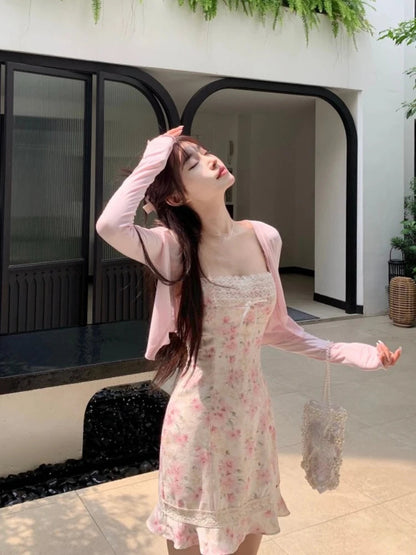 Summer Japanese 2 Piece Dress Set Cardigan + Sweet Slim Y2k Mini Dress Beach Korean