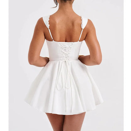 Corset Dress Color Square Collar Sleeveless Lace Trim Hem a Line Mini Dress Evening Party Dresses
