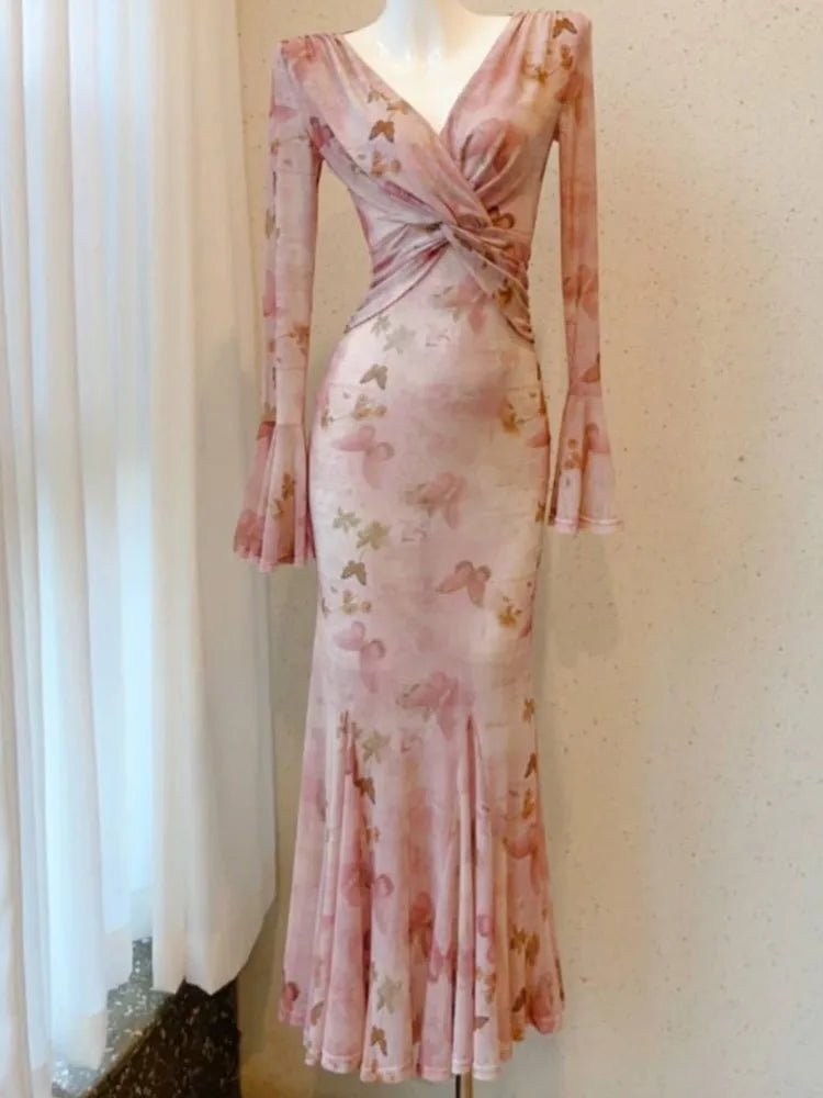 Mermaid Flare Sleeve Long Dresses Spring Summer Bodycon Pink Print Evening Club Vestidos Robe