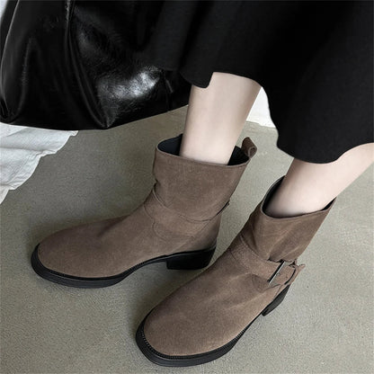 Ankle Boots Cow Suede Round Toe Motorcycle Boots Thick Low Heels Warm Autumn Winter Shoes Buckles Boots