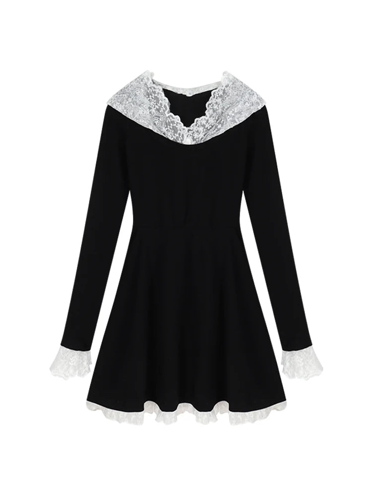 Black Mini Dress for Lace Hooded Long Sleeve Aline Dress French Style Spring Autumn Dress