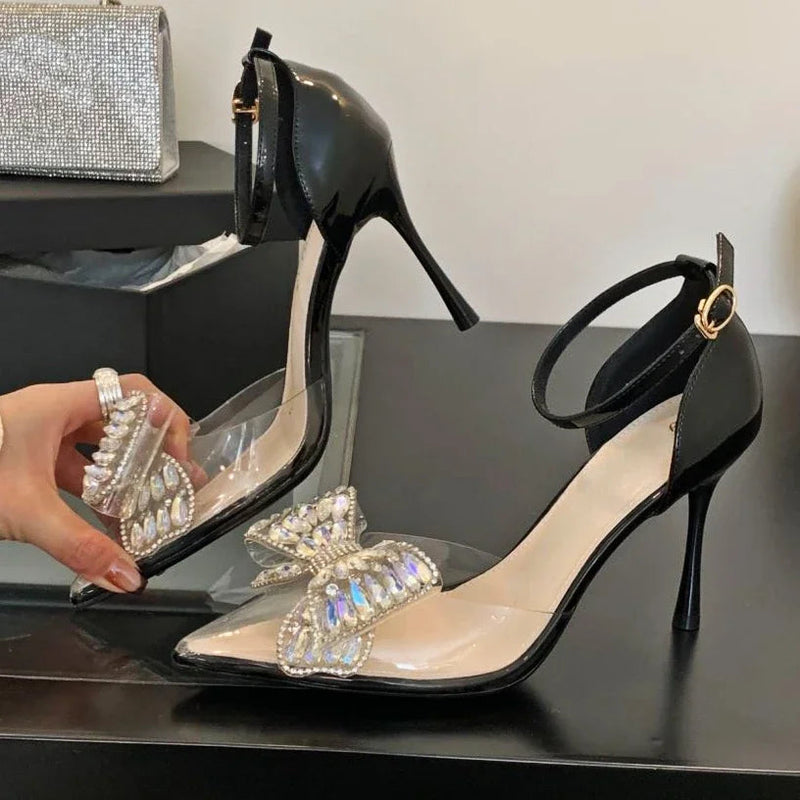Rhinestone Bow Pvc Transparent High Heels Hollow Party Dress Shoes Female Pointed Toe Heeled Sandals