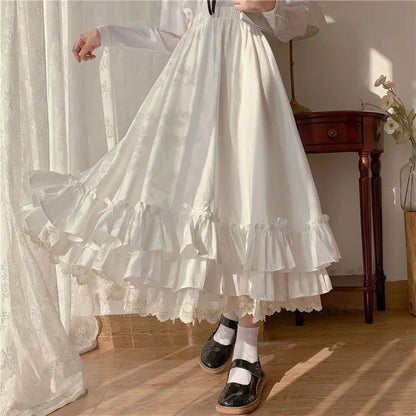 Japanese Color Double Layer French Ruffled Aline Pleated Skirt Hepburn Half Skirt Female White Long Skirt