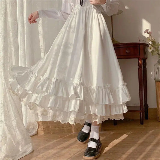 Japanese Color Double Layer French Ruffled Aline Pleated Skirt Hepburn Half Skirt Female White Long Skirt