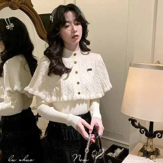 French Gentle Christmas Sweater Twopiece Set Cardigan Female Autumn Winter Slim Base Temperament Knitting Shawl Top