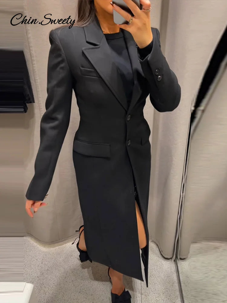 Lapel Black Long Overcoat Slim High Waist Full Sleeve Single Breasted Shoulder Pad Coat New Spring Commute Outwear