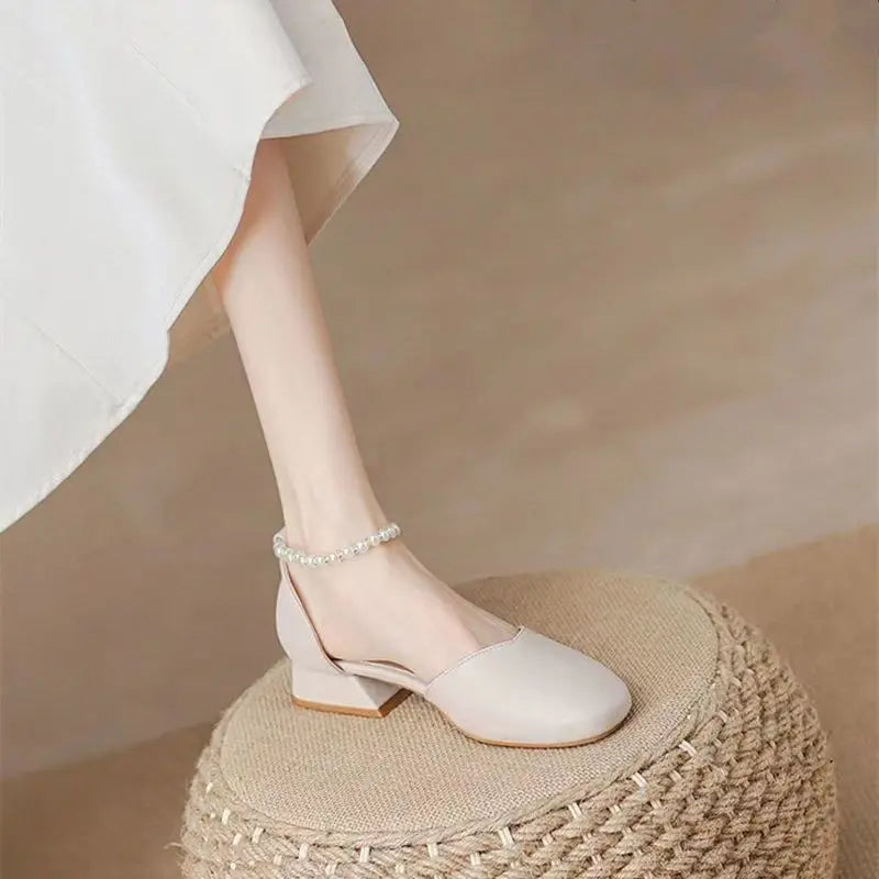 Summer Shoes Pearl Square Heels for Office Work Medium Sandals Woman Footwear H on Offer Designer Original