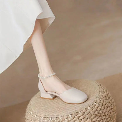 Summer Shoes Pearl Square Heels for Office Work Medium Sandals Woman Footwear H on Offer Designer Original
