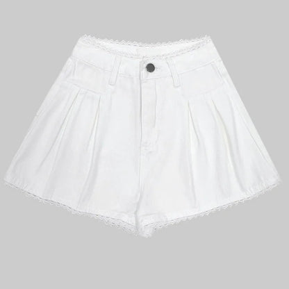 Spring Summer Lace Patchwork Denim Short Pants High Waist Loose Jeans Wide Leg Shorts for