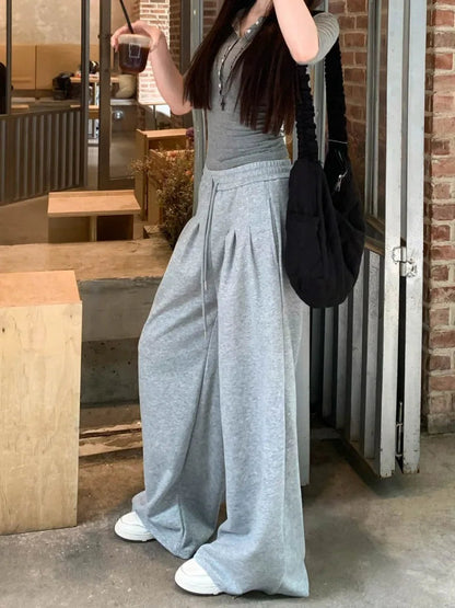 Gray High Waist Wide Sweatpants American Retro Y2k Harajuku Hip Hop Oversized Sports Pants Autumn