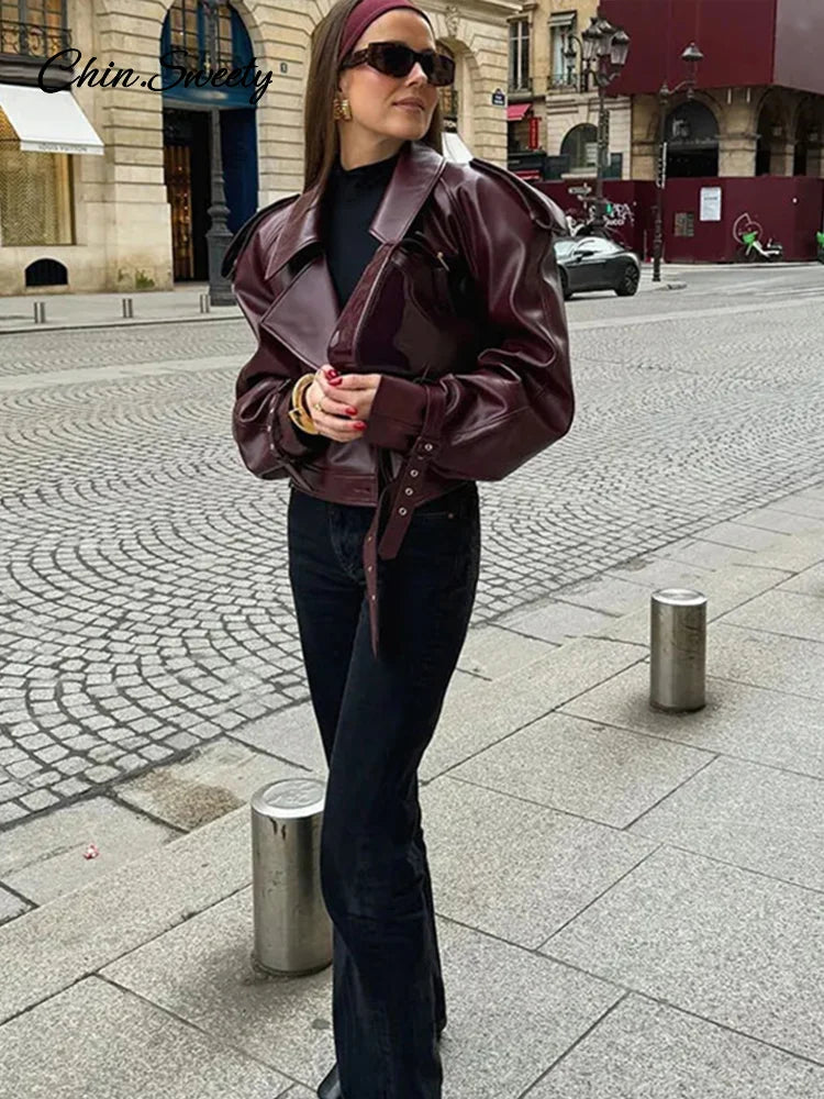 Leather Short Leather Jacket With Belt Lapel Long Sleeved Cropped Coat New Lady Street Party New Outwears _