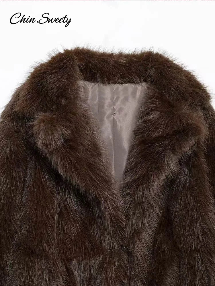 Brown Faux Fur Jacket Oversized Lapel Long Sleeve Fluffy Thicken Coats Female Winter Warm
