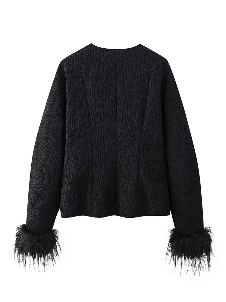 Spring Jacket for Long Sleeves Loose Quilted Coats Cuff Feather Laceup Outerwear