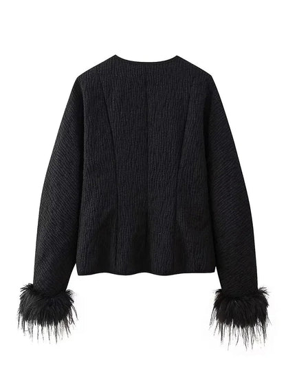 Spring Jacket for Long Sleeves Loose Quilted Coats Cuff Feather Laceup Outerwear