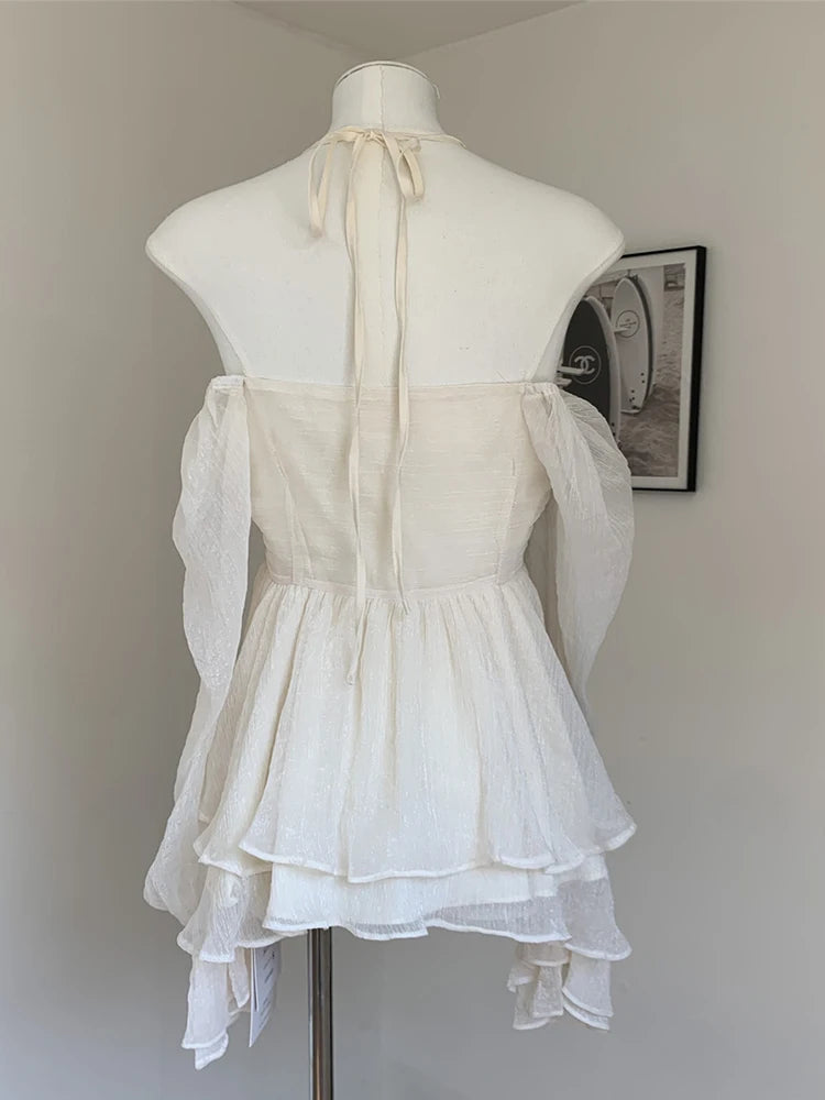 French Fairycore Butterfly Sleeve Blouses Sweet Thin Bandage Crop Top Simple Shirts Appliques Design Summer