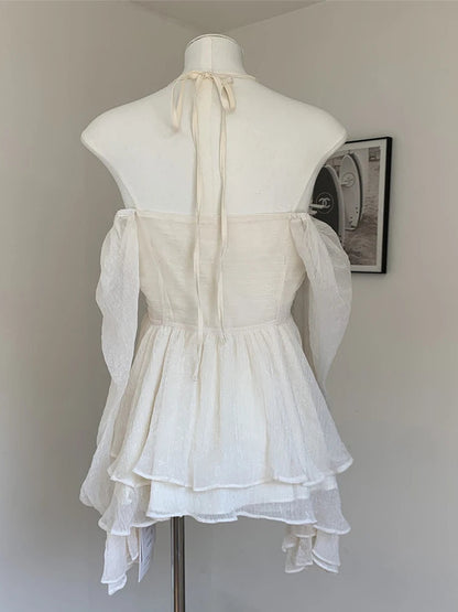 French Fairycore Butterfly Sleeve Blouses Sweet Thin Bandage Crop Top Simple Shirts Appliques Design Summer