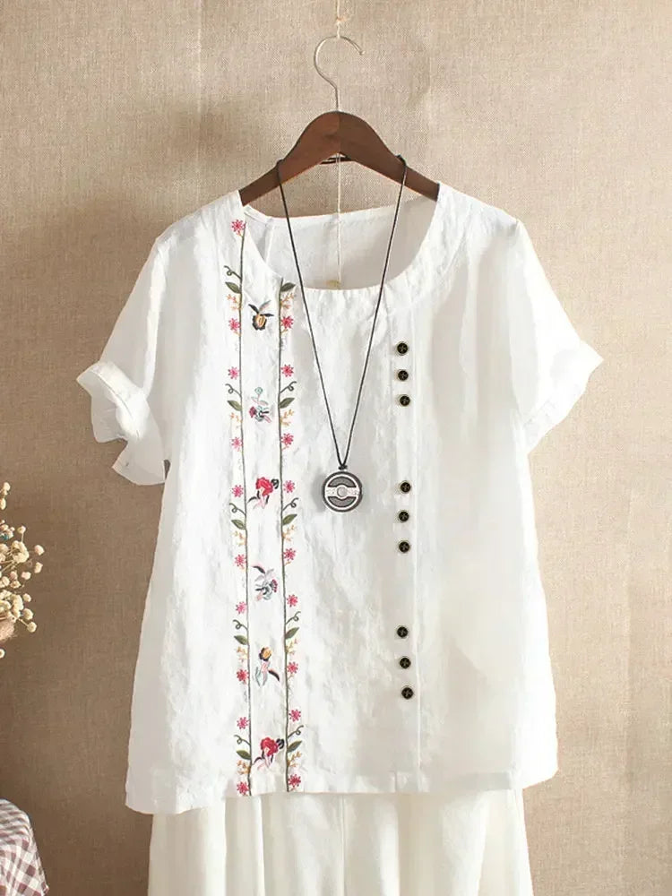 Flower Embroidery Cotton Linen Shirt Summer O-neck Short Sleeve White Pullover Top Street Blouse