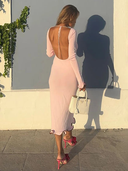 Backless Ruffled Knitted Long Dress for Contrast Color Flare Sleeve Autumn Bodycon Evening Party Sweater Dress