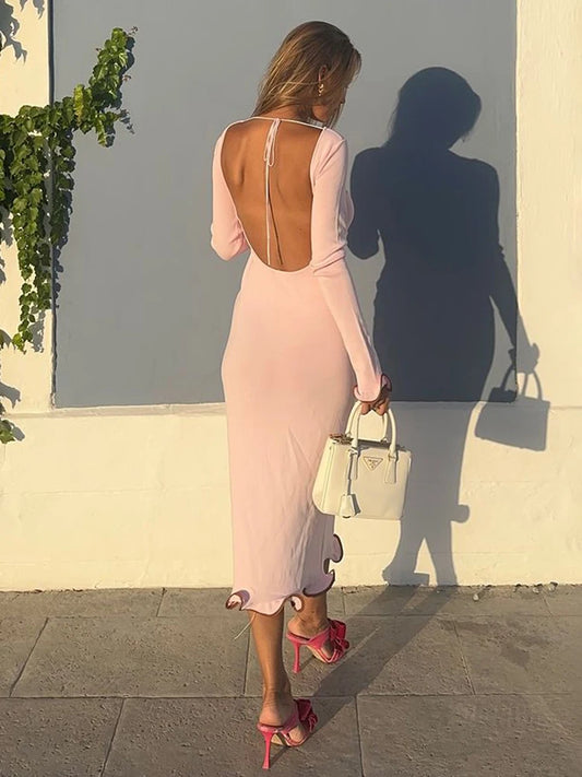 Backless Ruffled Knitted Long Dress for Contrast Color Flare Sleeve Autumn Bodycon Evening Party Sweater Dress