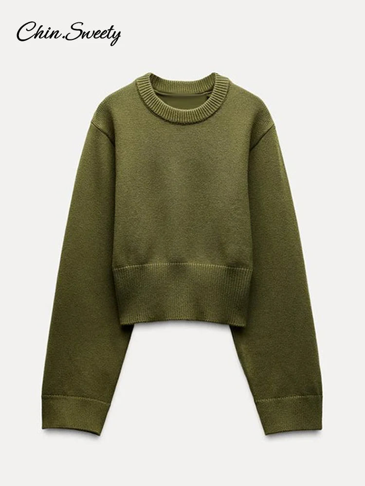 O-neck Cropped Sweater Pullover for Long Sleeved Loose Jumper Female Spring Lady High