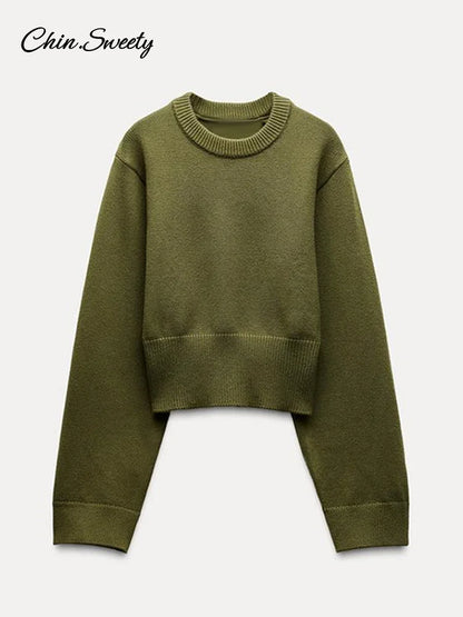 O-neck Cropped Sweater Pullover for Long Sleeved Loose Jumper Female Spring Lady High