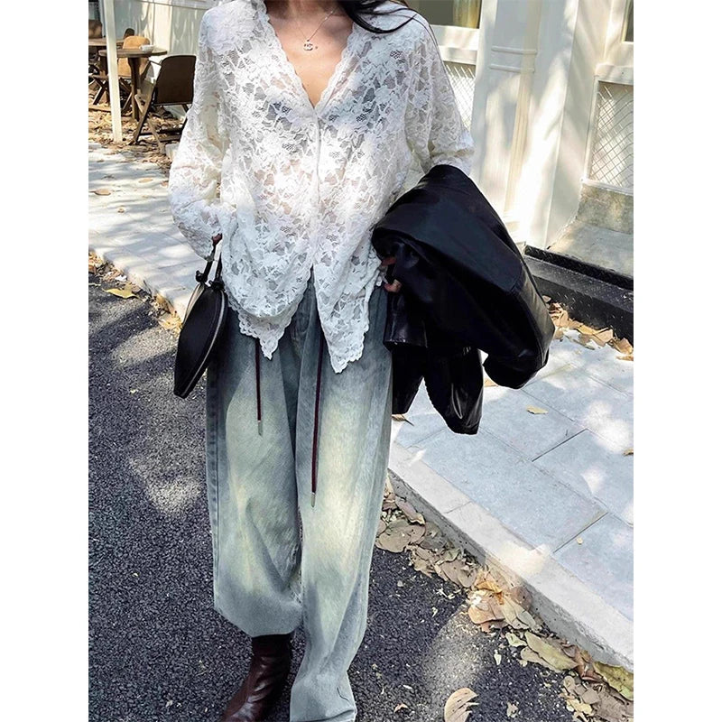 Y2k Lace Sheer Black Shirts Hollow Out White Blouses Korean Aesthetic Long Sleeve Sun Protection Tops