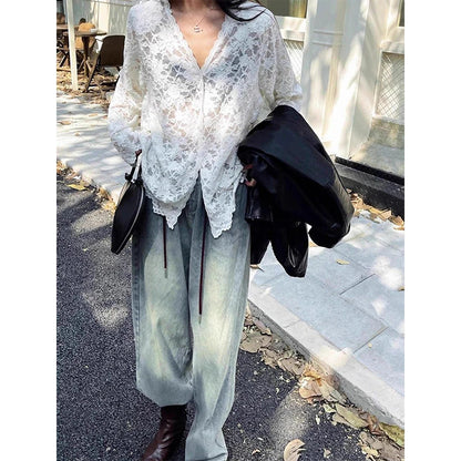 Y2k Lace Sheer Black Shirts Hollow Out White Blouses Korean Aesthetic Long Sleeve Sun Protection Tops