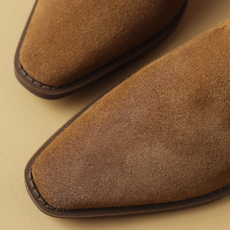 Natural Suede Leather Square Toe Side Zip Autumn Knee High Western Boots Female Long Boots Shoes