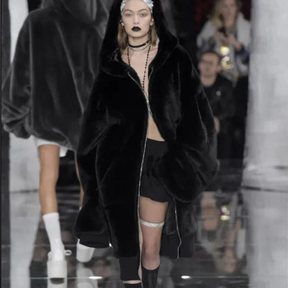 Winter Runaway Brand Long Faux Fur Coat Jacket Zip Hooded Thick Warm Fake Rabbit Fur Plush Overcoats