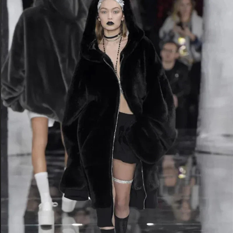 Winter Runaway Brand Long Faux Fur Coat Jacket Zip Hooded Thick Warm Fake Rabbit Fur Plush Overcoats